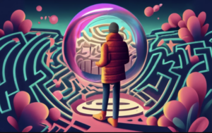 man looking at a bubble maze dream
